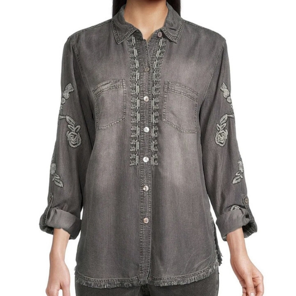 John Mark Gray Embroidered Button-Down Tunic Shirt M Chambray Roll-Tab Sleeves